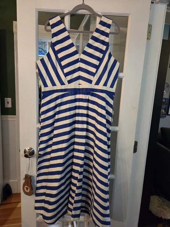 Boden Blue and White Striped V-Neck Midi Dress - Size 14R - Picture 6 of 8